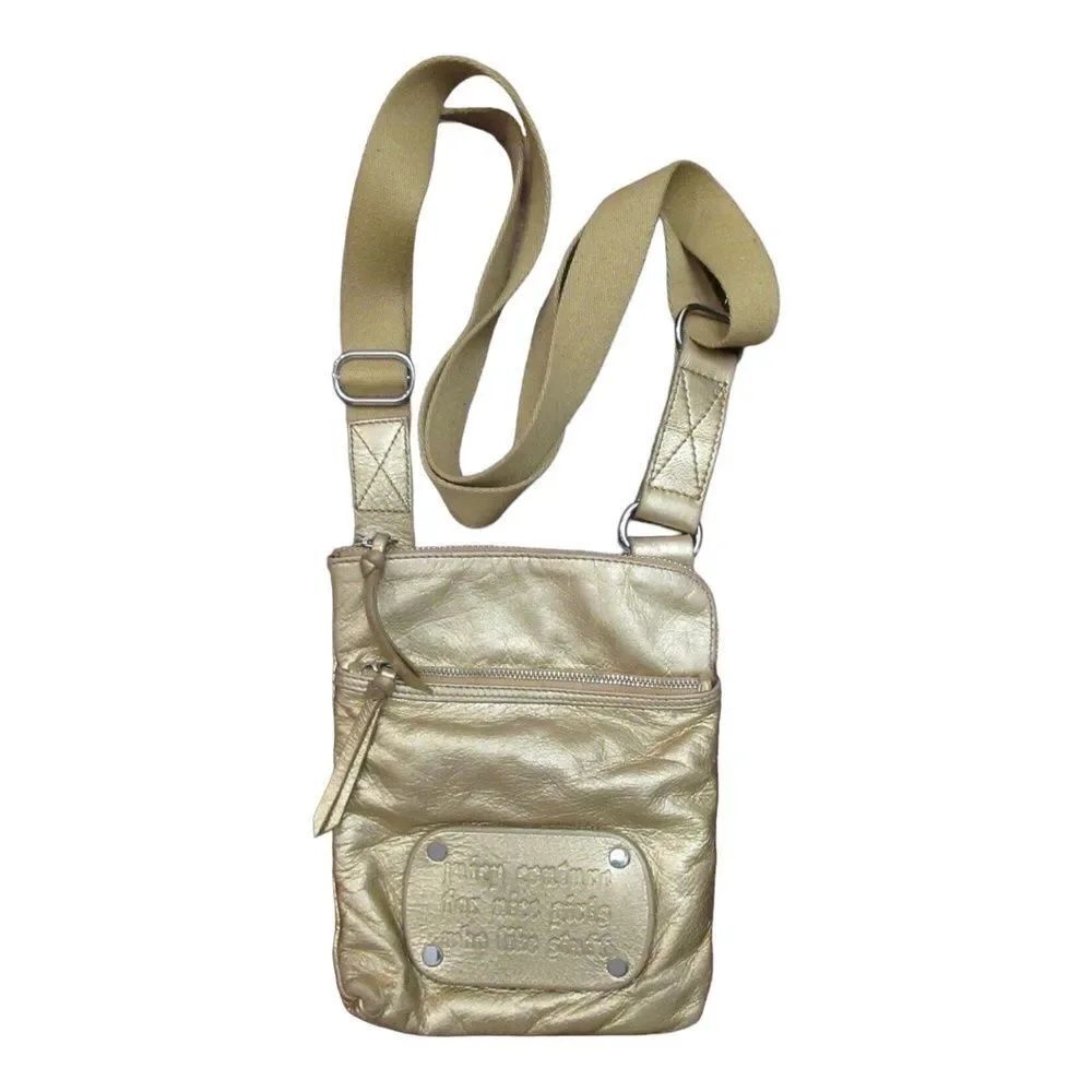 Juicy Couture Womens Crossbody Bag Rectangle Gold Leather Zip Small Purse Y2K